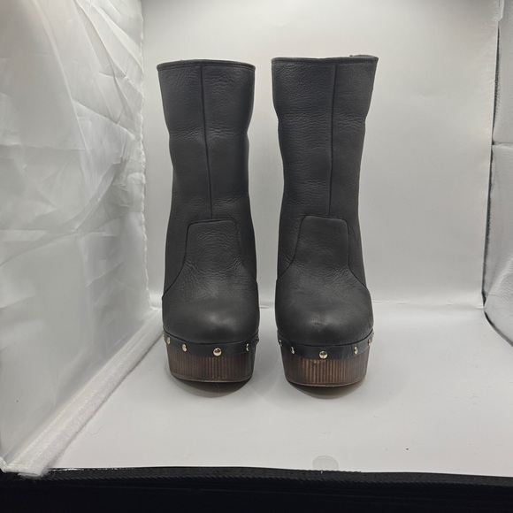 Eli Tahari Black Leather Shearling-Lined Convertible Platform Ankle Boots 37 - Picture 6 of 17